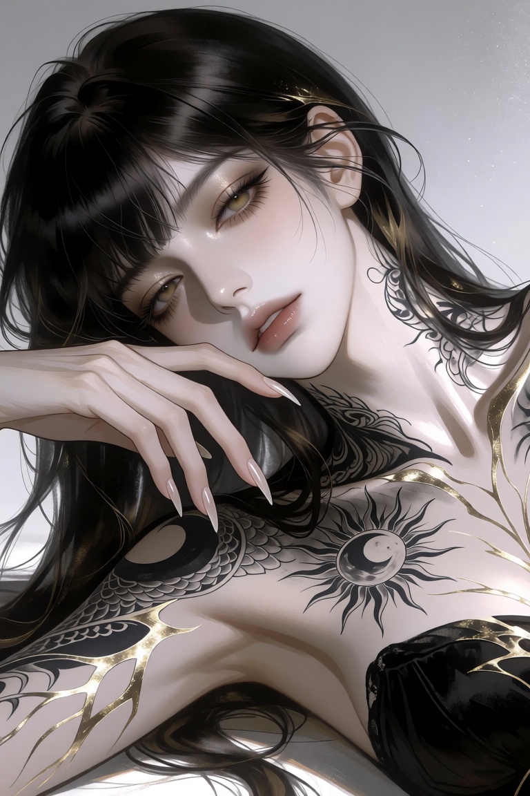 A stylized semi-realistic digital portrait of a young ***** woman with realistic skin and a smooth luminous complexion,  a...