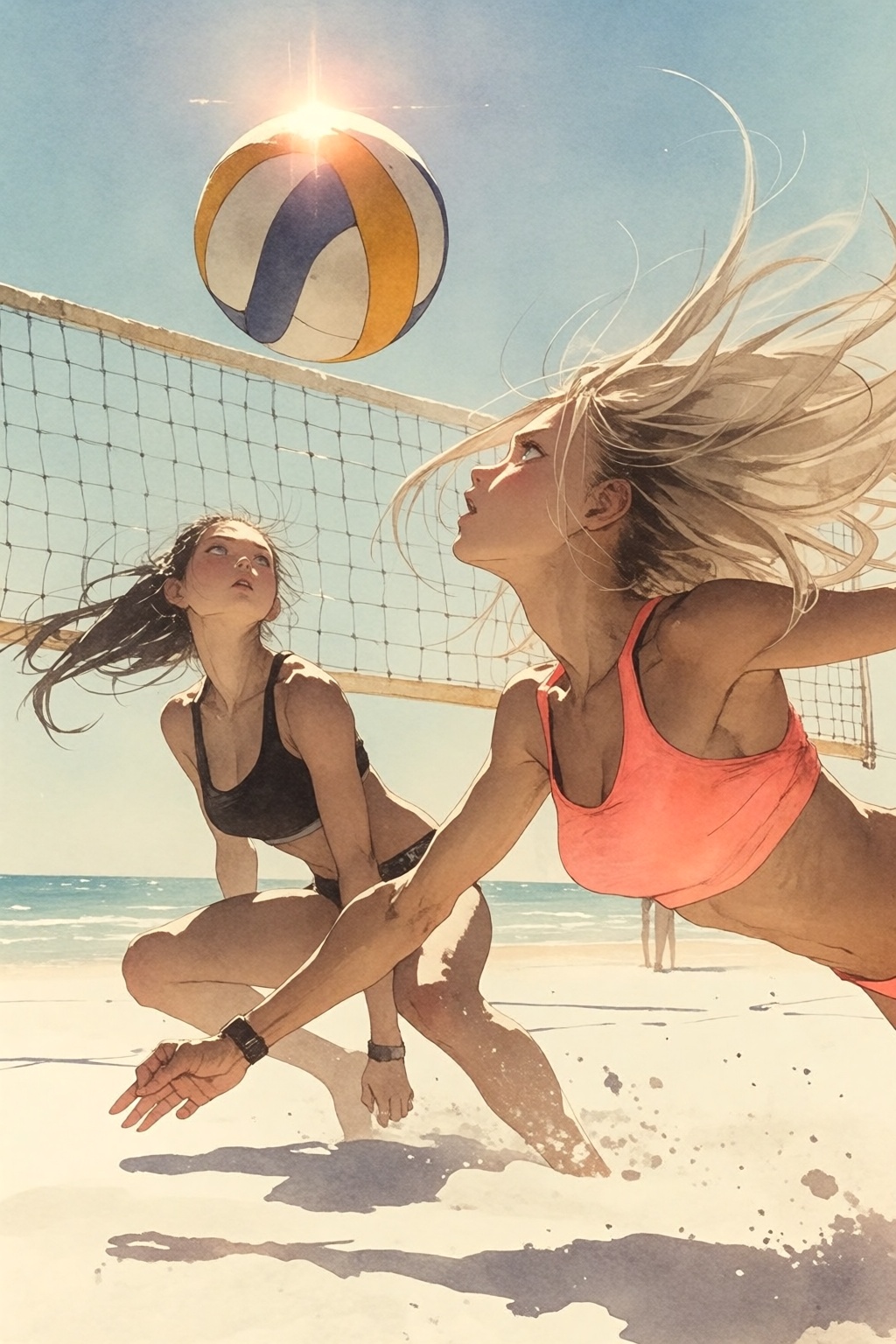 {"high_level_description":"Watercolor Anime artwork. A dynamic sun-drenched sports image of two athletic women competing i...