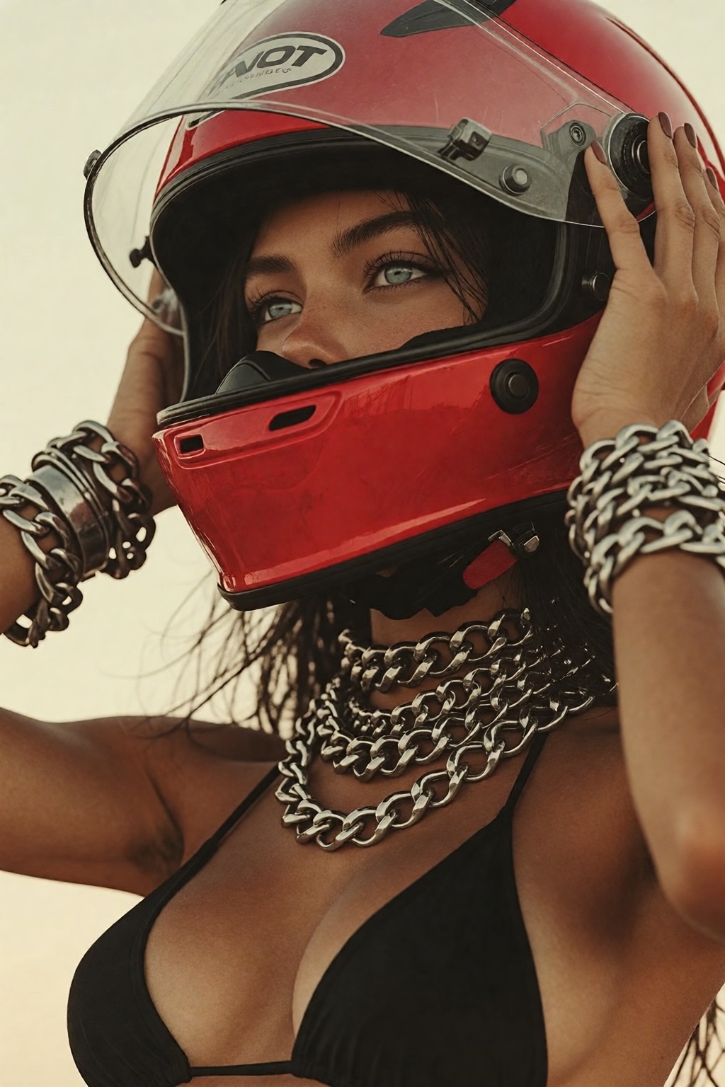Low-angle,  close-up of a young woman with tanned skin and dark hair taking off a bright red motorcycle racing helmet. She...