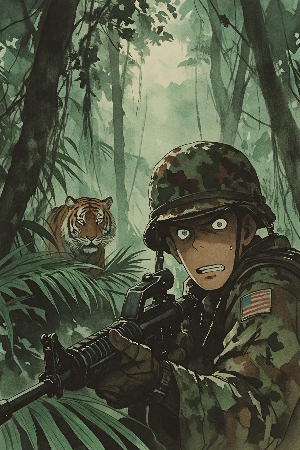 Watercolor Anime artwork. Create a tense jungle scene set in Vietnam,  featuring a dense,  lush environment with thick fol...