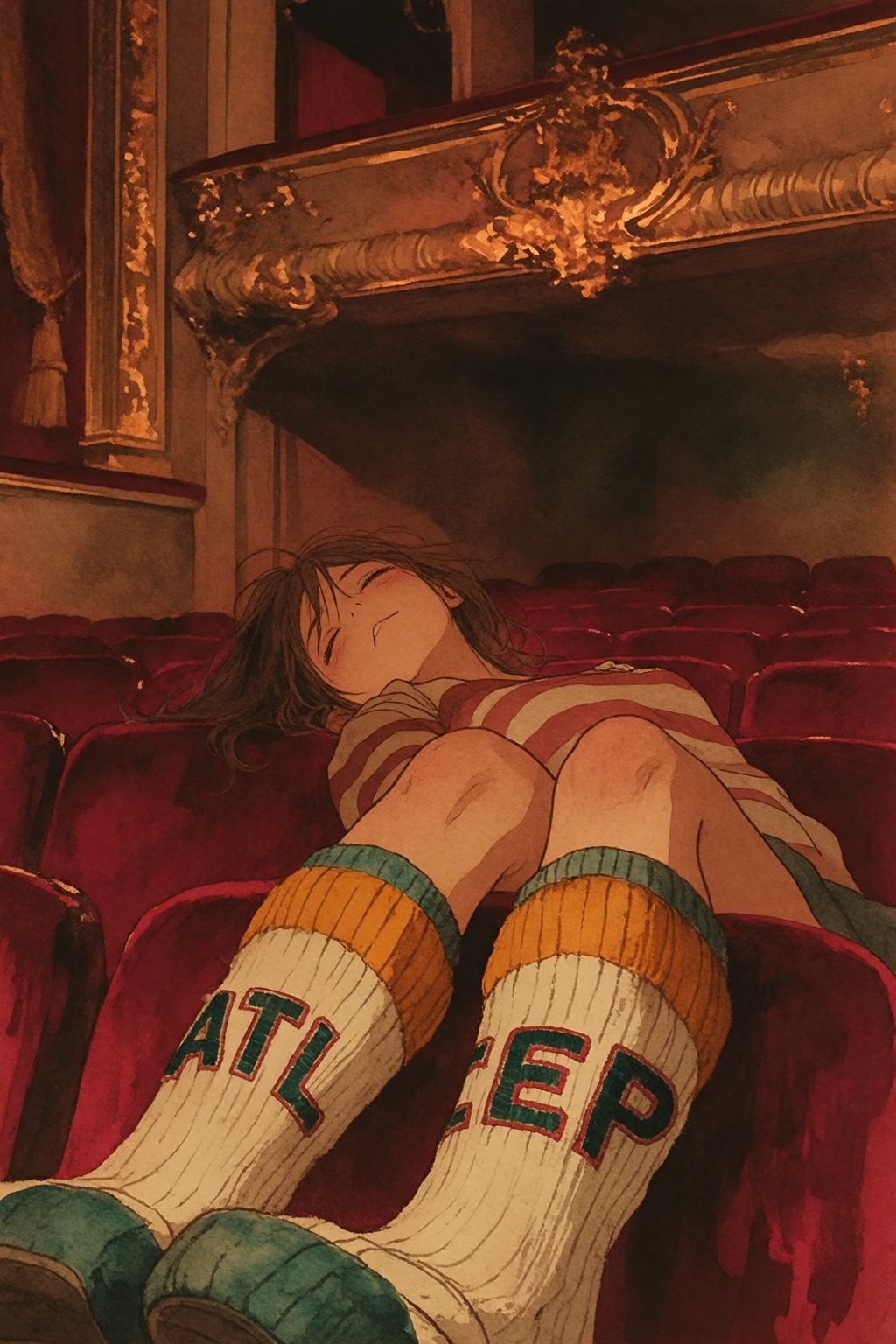 {"high_level_description":"Watercolor Anime artwork. Low-angle shot of a young woman lounging across plush velvet theater...