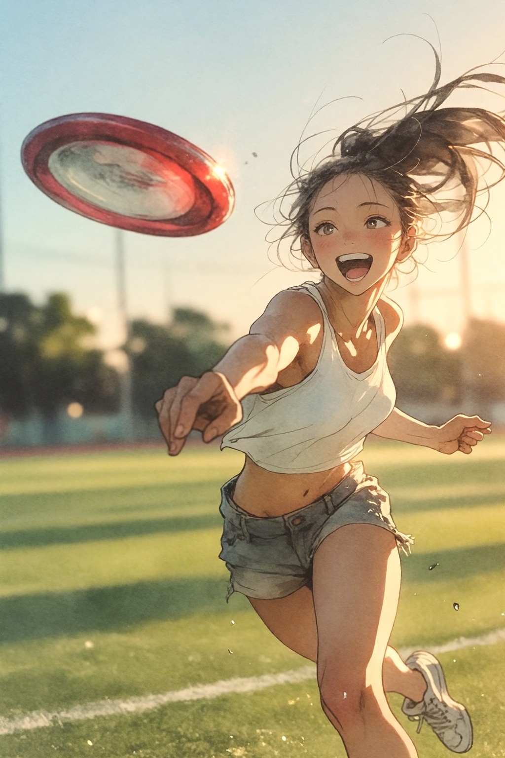 {"high_level_description":"Watercolor Anime artwork. A vibrant cinematic photograph of a happy young Asian woman with a hi...
