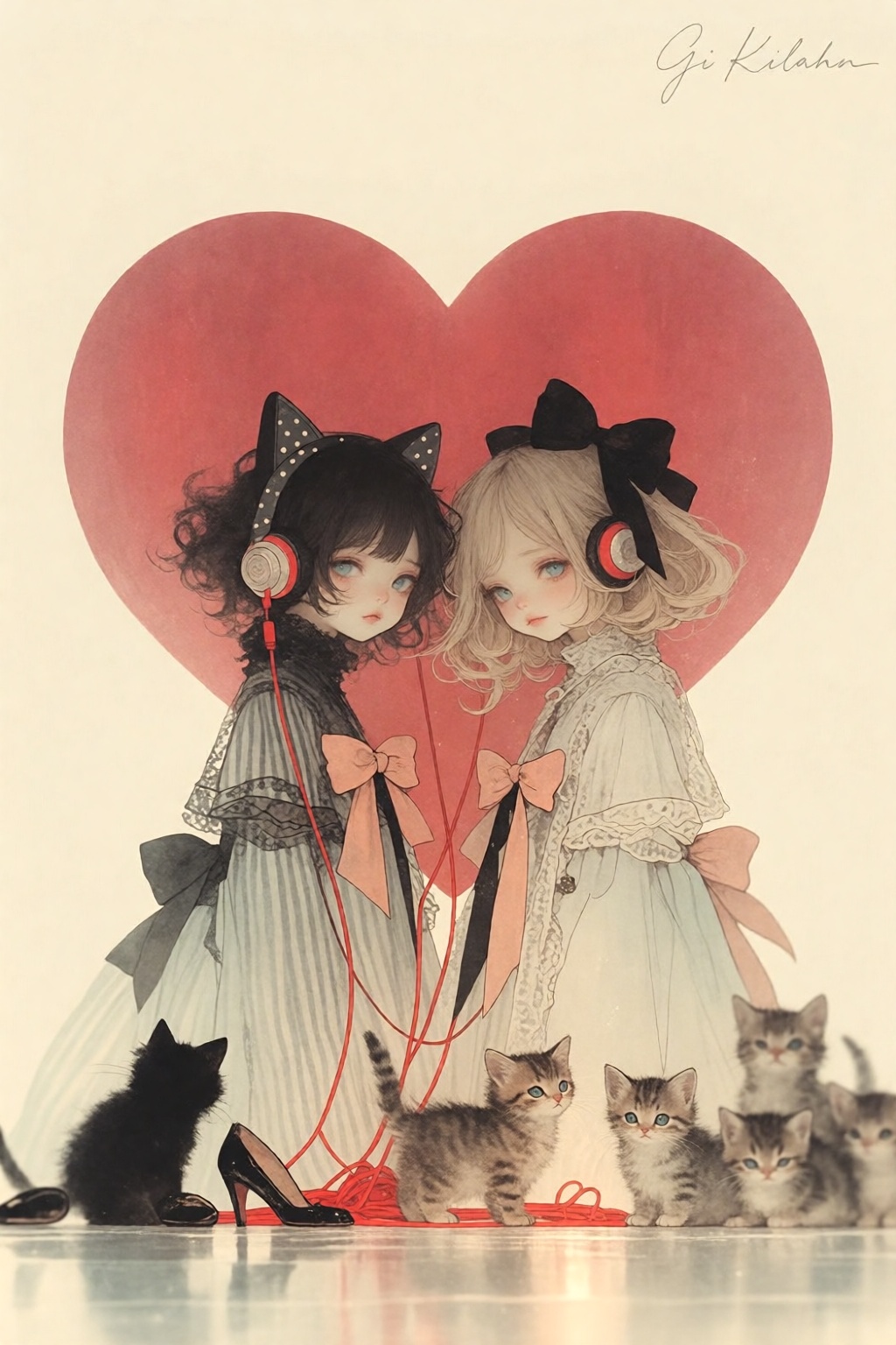 {"high_level_description":"Two ethereal girls in frilled dresses pose intimately against a giant red heart. Soft-focus ani...