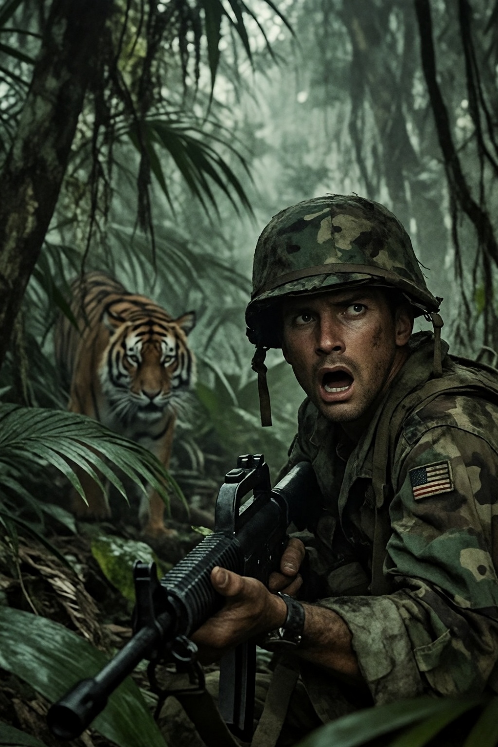 Create a tense jungle scene set in Vietnam,  featuring a dense,  lush environment with thick foliage on Tensor.Art