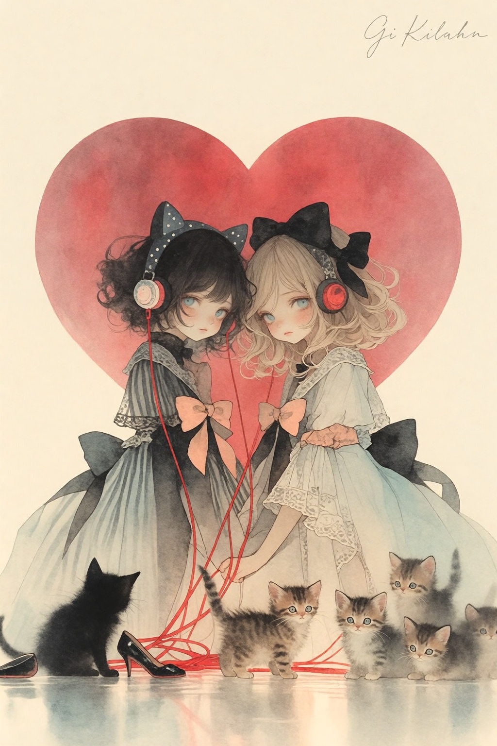 {"high_level_description":"Watercolor Anime artwork. Two ethereal girls in frilled lolita dresses pose intimately against...