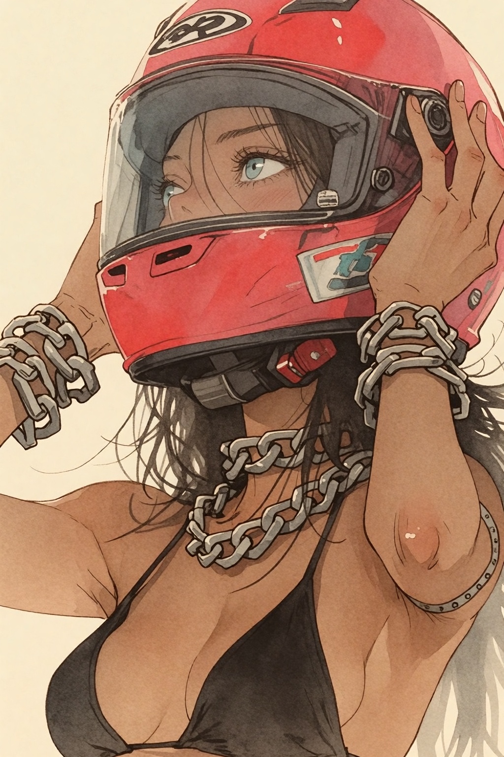 Watercolor Anime artwork. Low-angle,  close-up of a young woman with tanned skin and dark hair taking off a bright red mot...