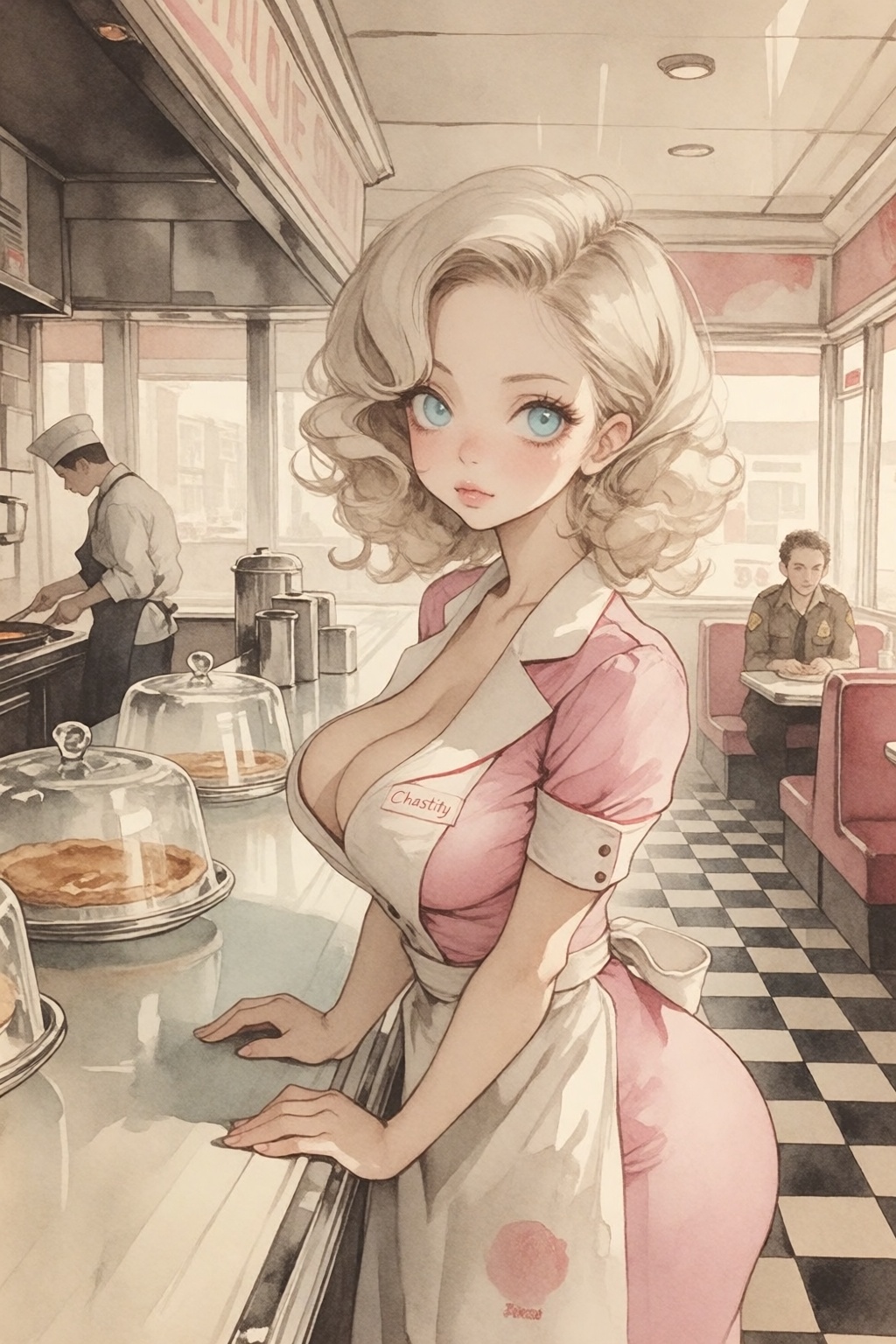 Watercolor Anime artwork. A waitress named Chastity,  with her name embroidered on a tag beside her large breasts,  standi...