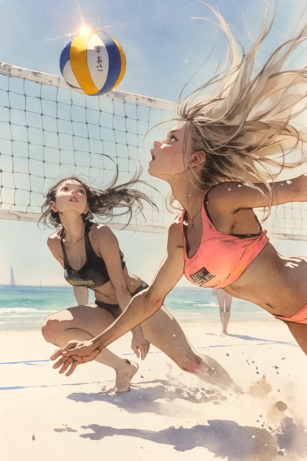 {"high_level_description":"Watercolor Anime artwork. A dynamic sun-drenched sports image of two athletic women competing i...