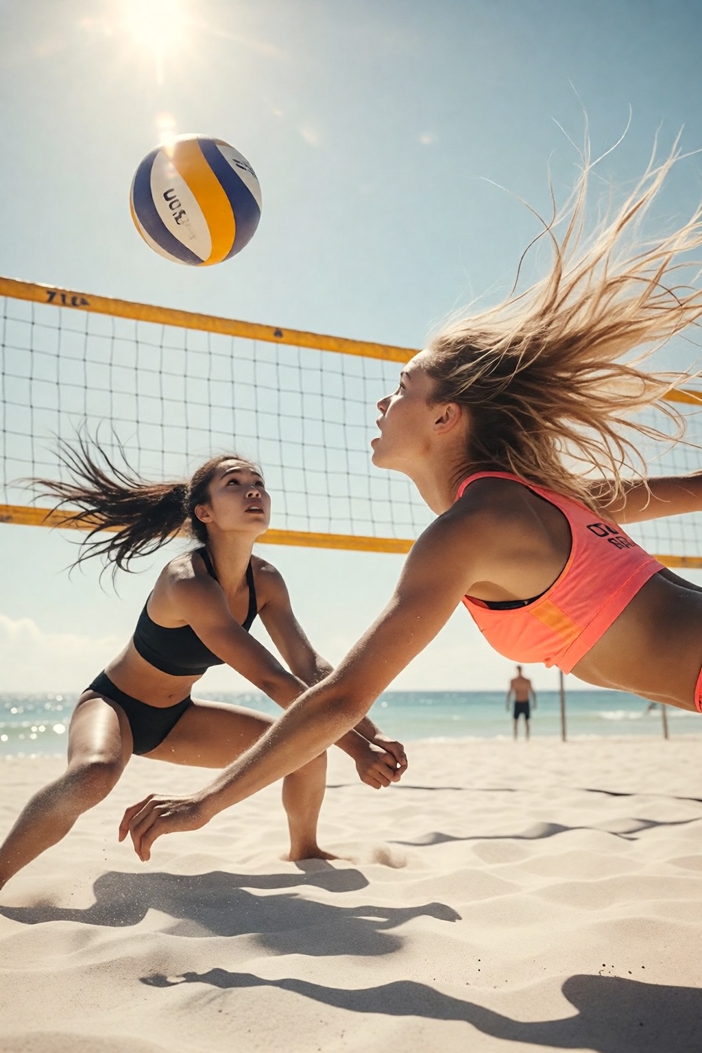 {"high_level_description":"A dynamic sun-drenched sports image of two athletic women competing in a fierce beach volleybal...