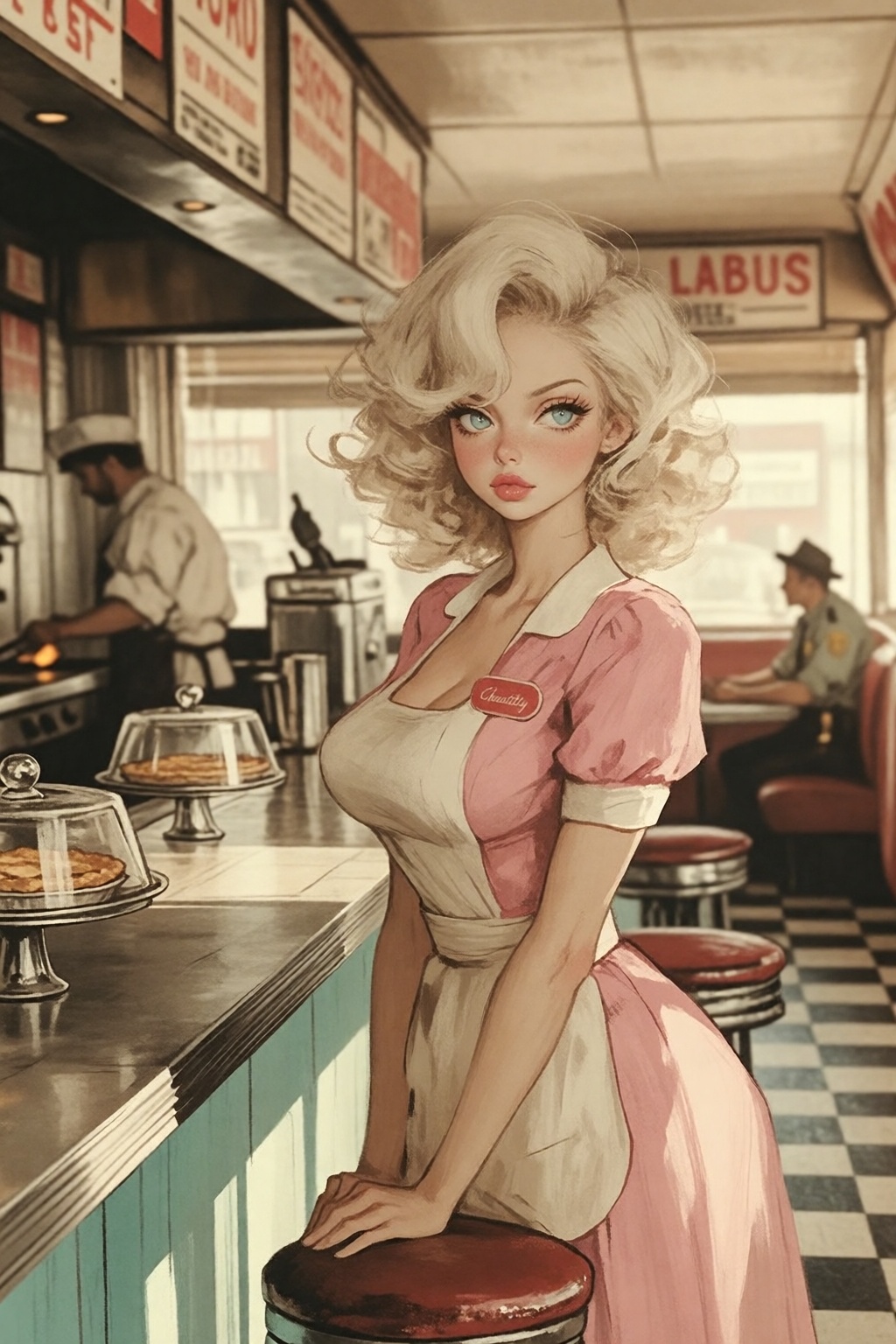 A waitress named Chastity,  with her name embroidered on a tag beside her large breasts,  standing behind the formica coun...