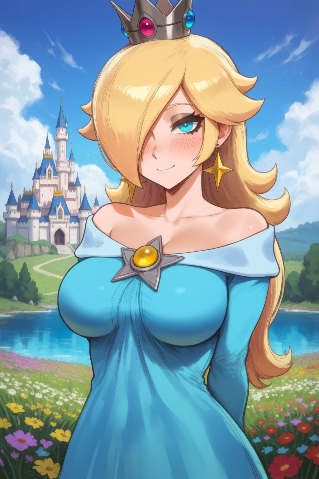 aipotions-style,  upper body shot,  she is standing with her hands behind her back on Tensor.Art