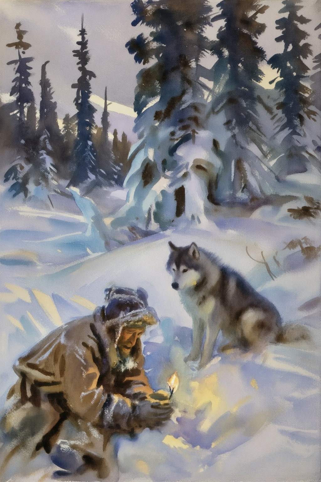 {"high_level_description":"johnsingersargent15k2e8. Watercolor painting. A frozen Yukon wilderness trapper kneels in despe...
