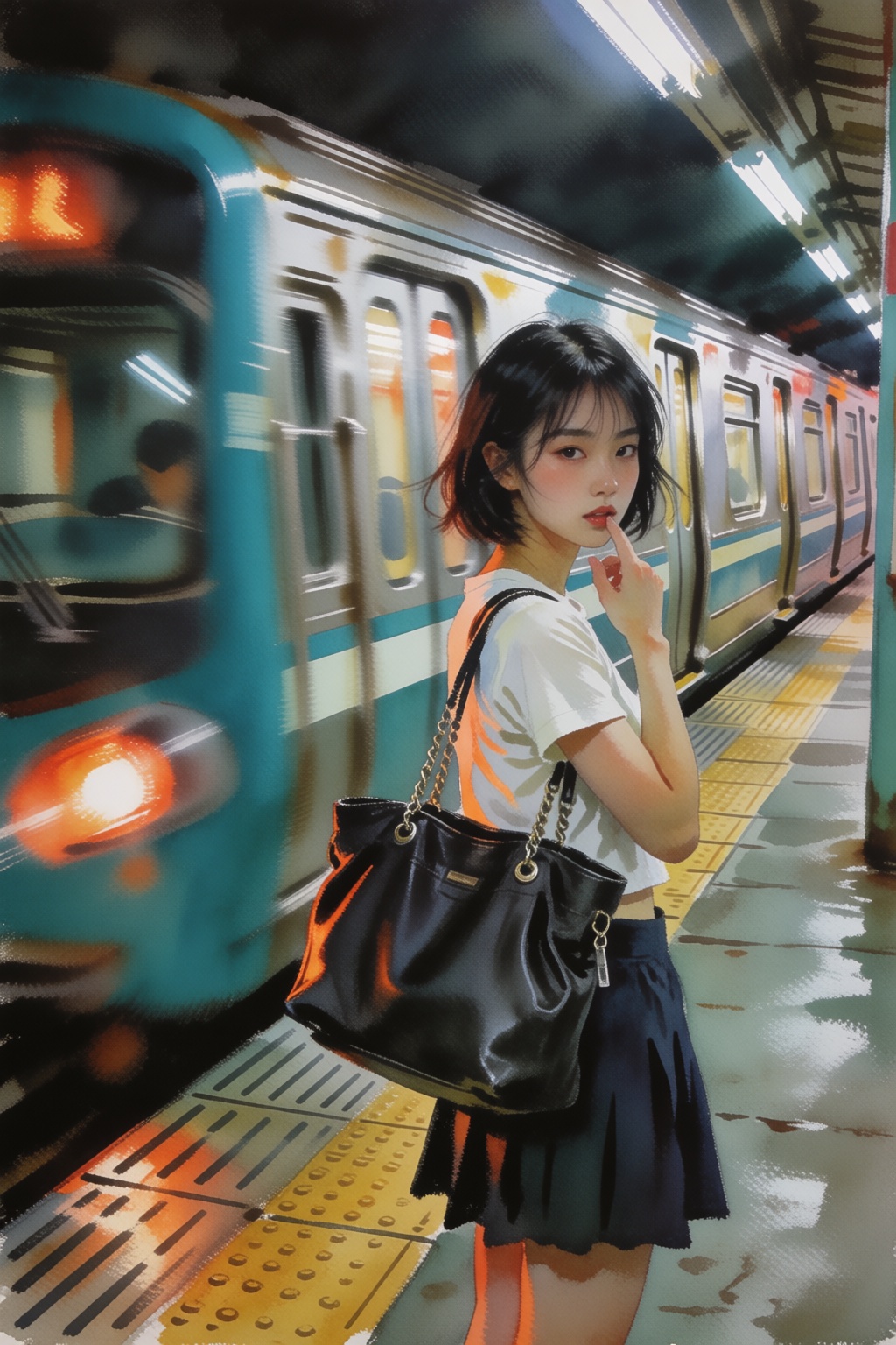 {"high_level_description":"johnsingersargent15k2e8 Watercolor painting of a young East Asian woman on a subway platform. A...