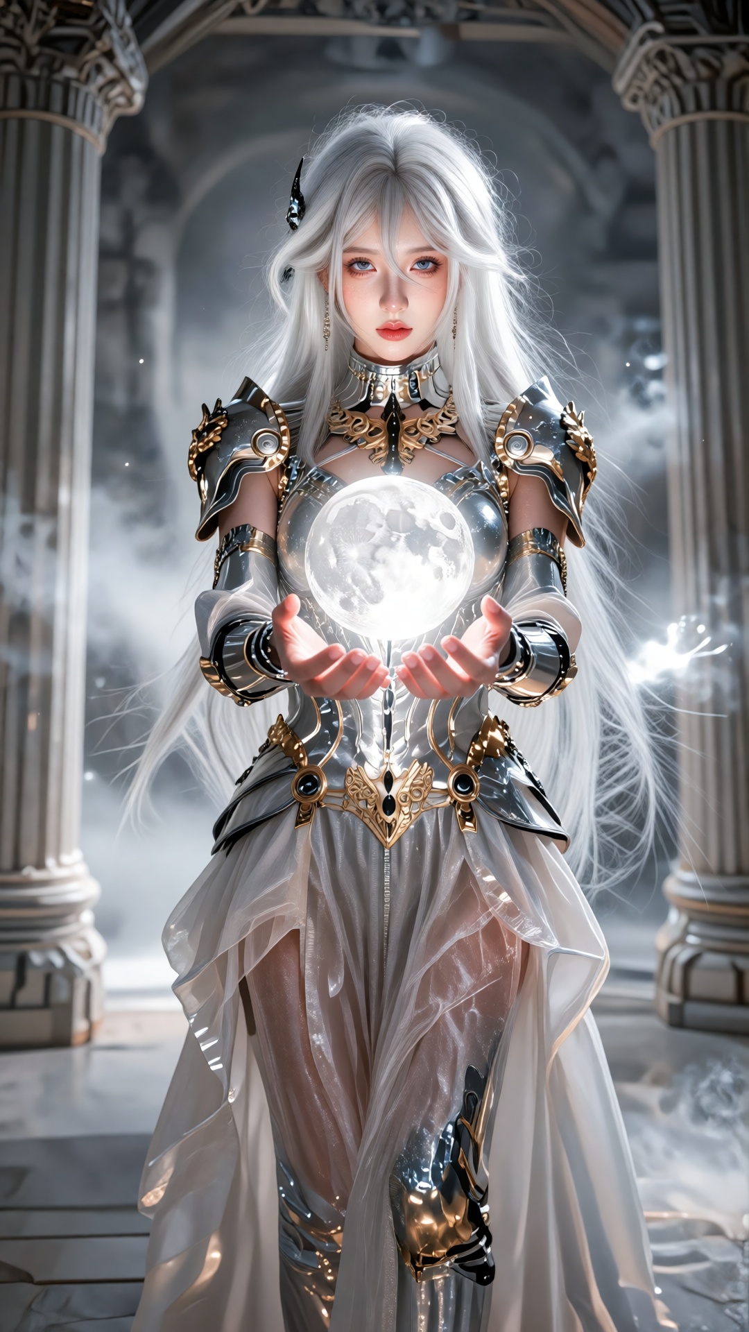 this is a highly detailed,  digital fantasy artwork featuring a young woman with long,  flowing white hair and fair skin o...