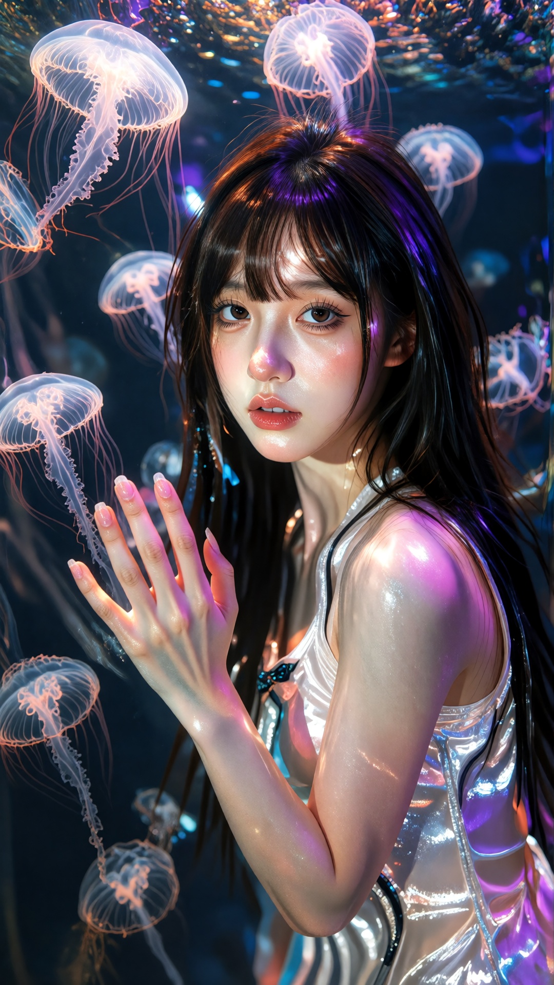 this is a highly detailed photograph of a young east asian woman with fair skin and long,  straight,  dark brown hair with...