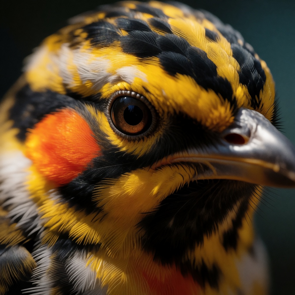 A hyperrealistic close-up portrait of a birds face focused on the eye and surrounding plumage. The image features an inten...