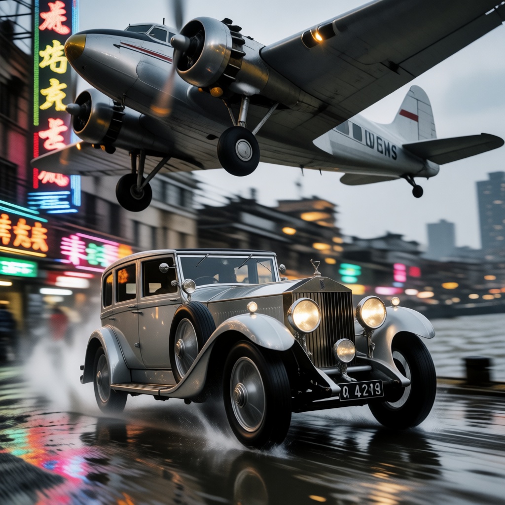 A low-angle action photograph of a silver 1907 Rolls-Royce Silver Ghost power-drifting along the wet waterfront of 1940s S...