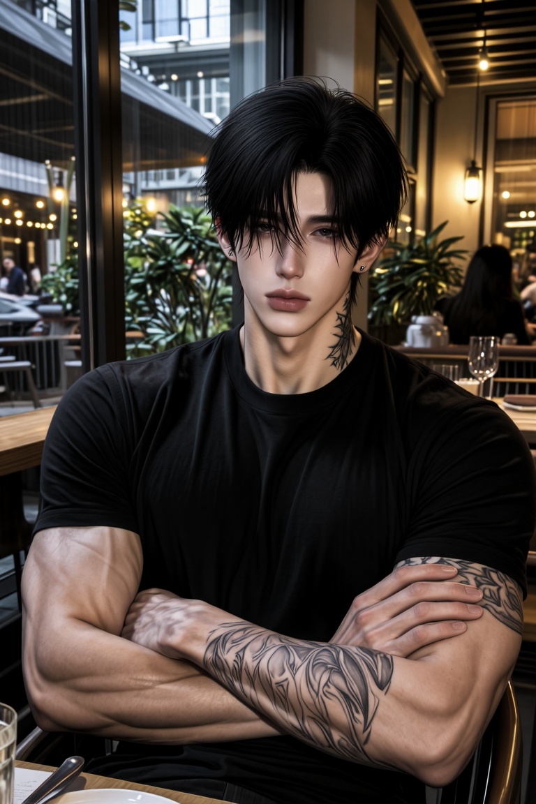 A handsome young man with fair skin,  soft Korean-inspired visuals,  straight messy black hair with textured bangs coverin...