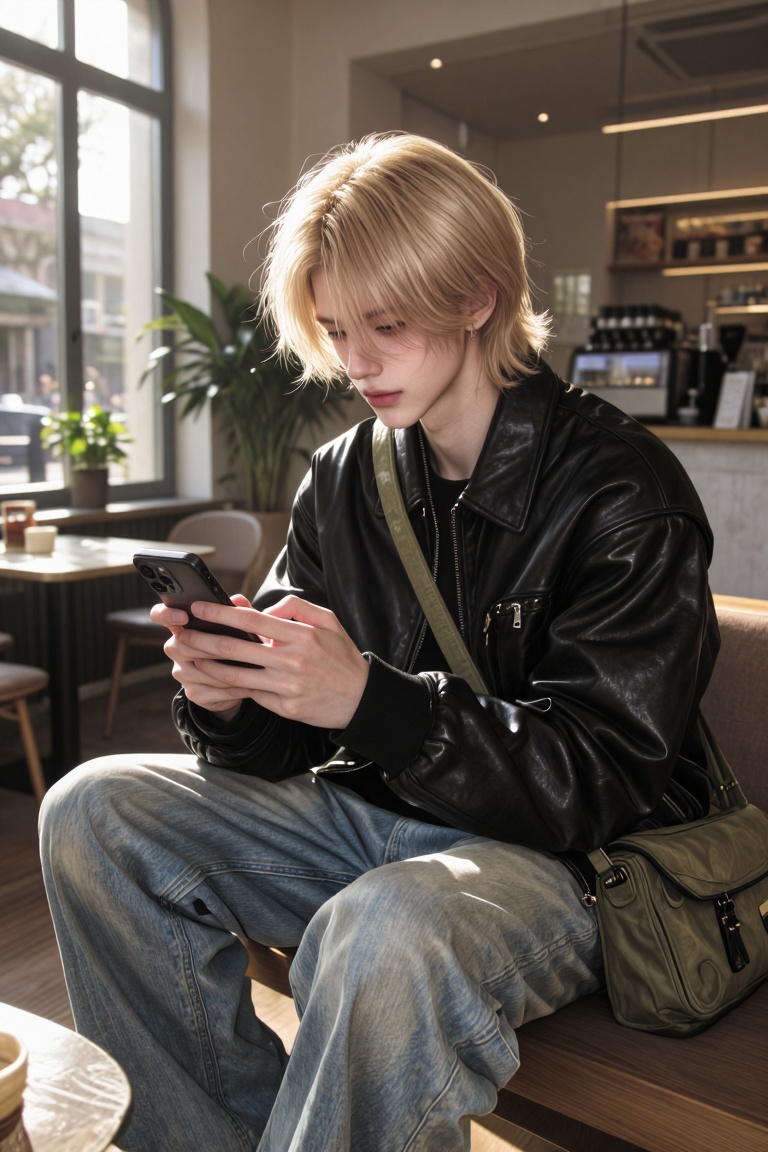 A candid,  ultra-realistic lifestyle portrait of a handsome young man sitting alone in a modern minimalist café,  looking...