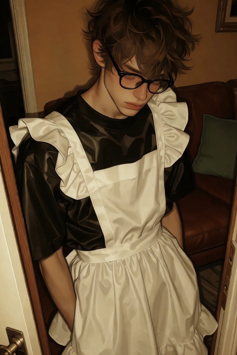 JL8STYP3,  A young man with tousled brown hair and black-rimmed glasses stands in a warmly lit interior,  head bowed and g...