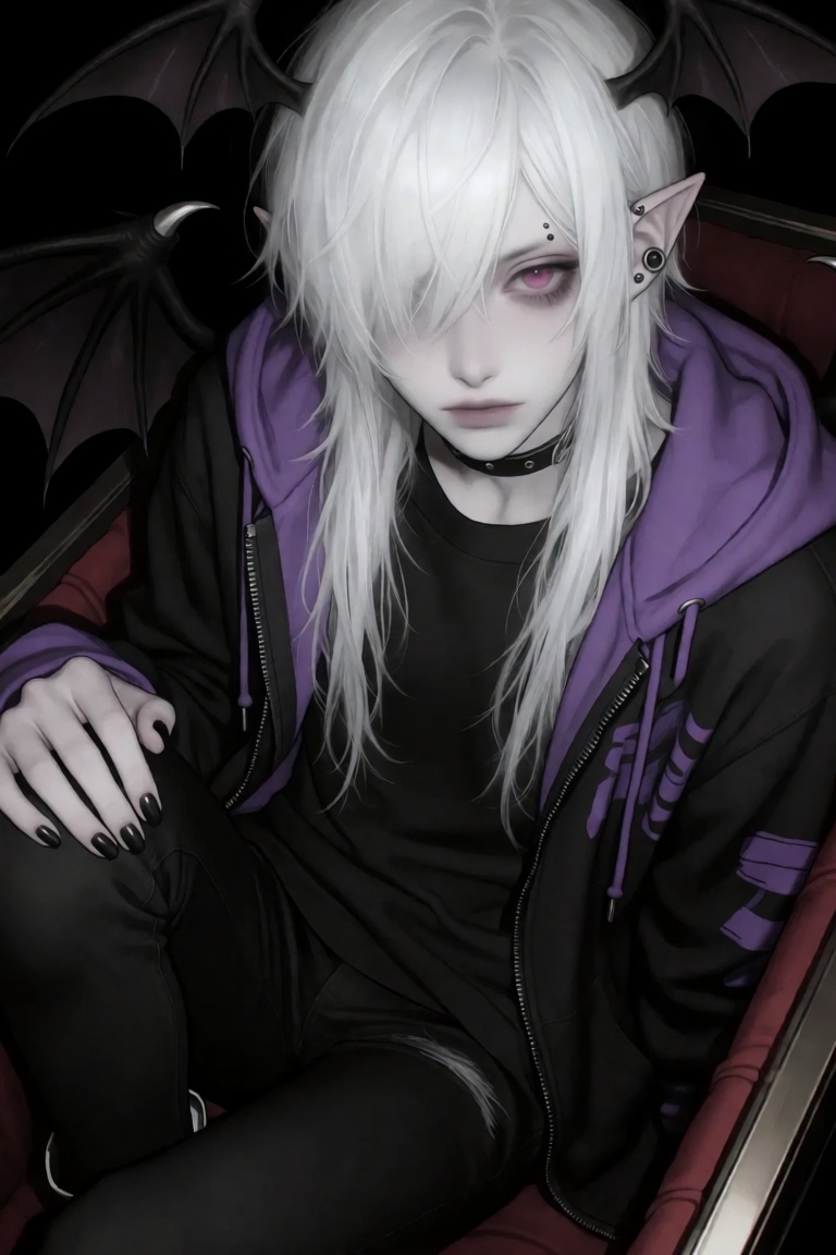 a half-body image of a 1boy with bat wings,  black nails,  ear piercing on Tensor.Art