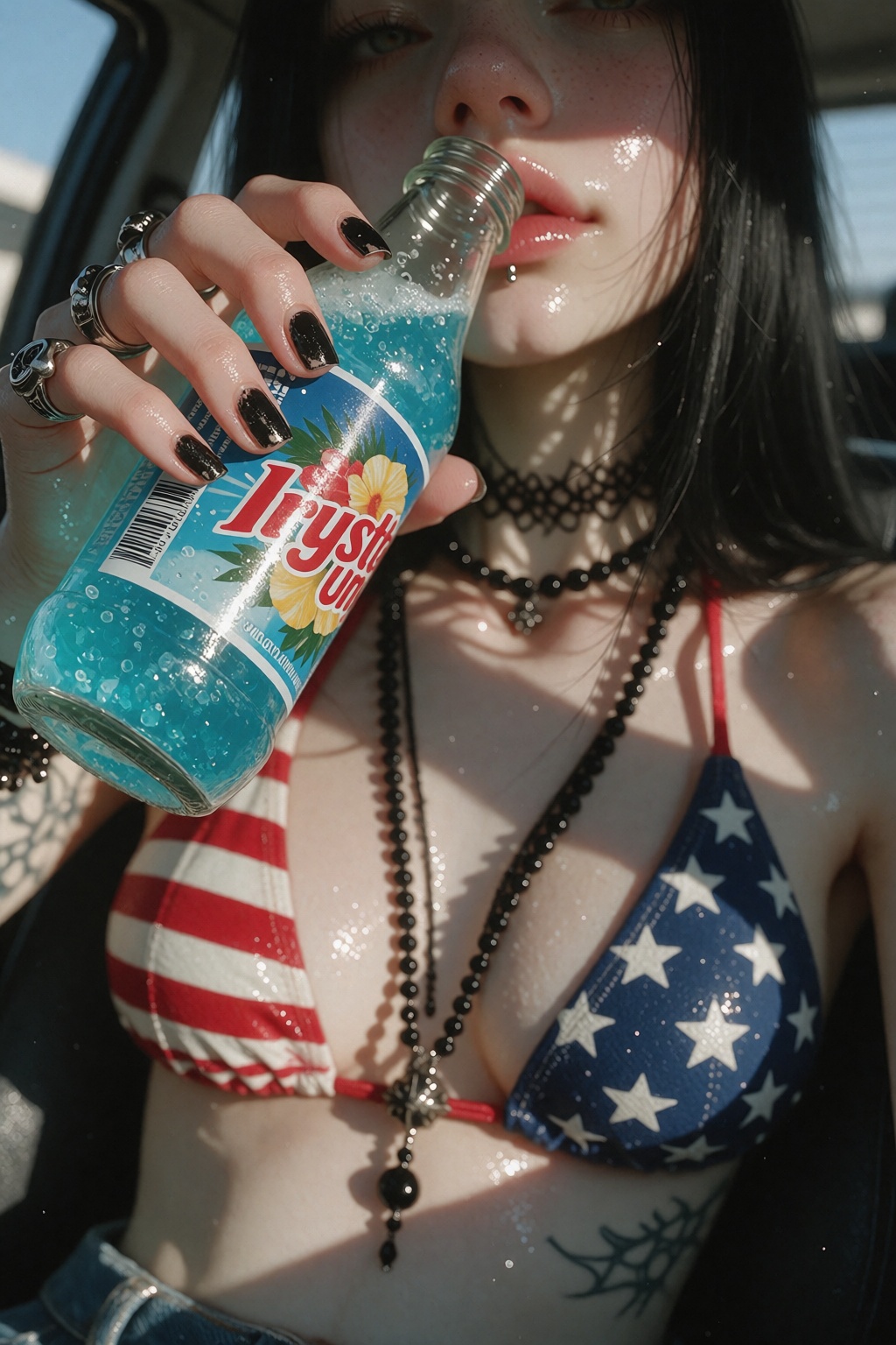 Ivystyle,  A close-up selfie taken inside a parked car during daytime,  framed from the upper chest to the lower half of t...