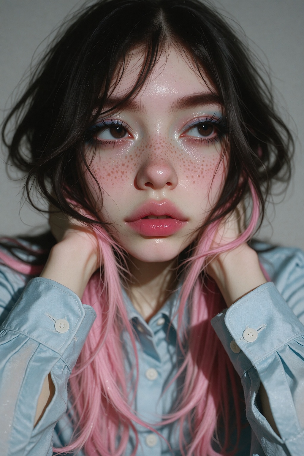 Ivystyle,  A young woman with long,  messy dark hair with pink layered hair and freckles. with eyeshadow make up. She has...