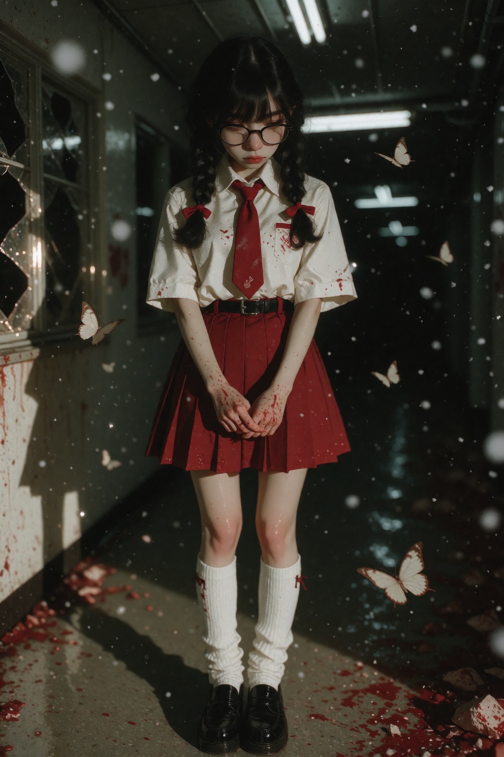 Ivystyle,  A young woman stands motionless in the center of a dimly lit corridor,  viewed from a slightly low angle. She h...