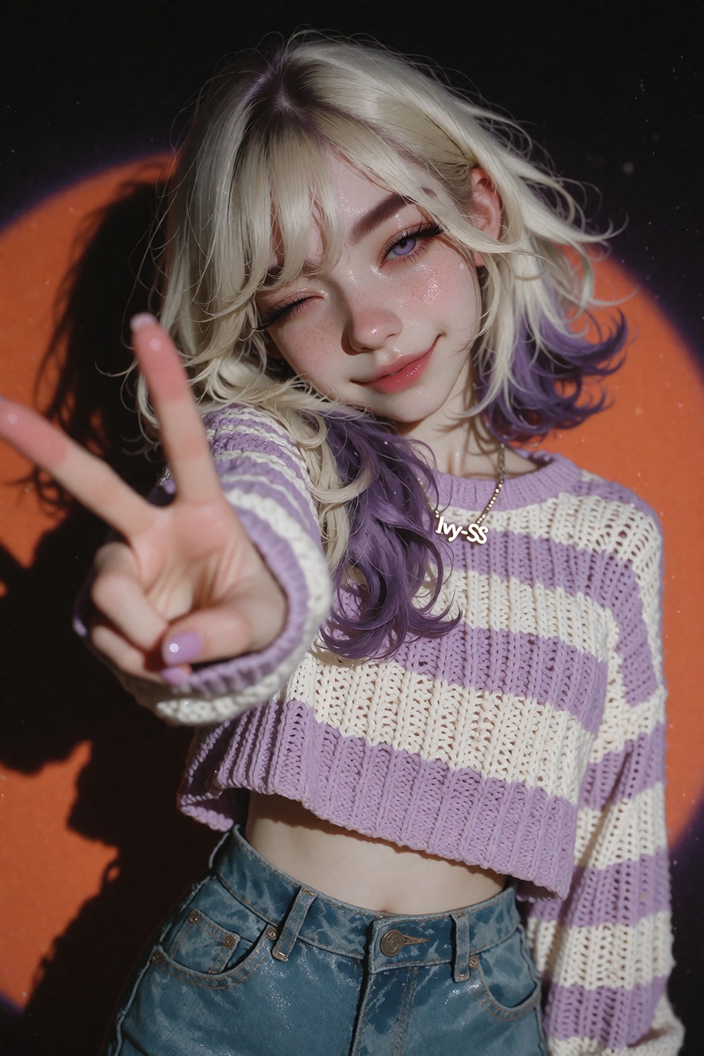 Ivystyle,  A young woman with platinum blonde hair,  visible natural dark roots on Tensor.Art