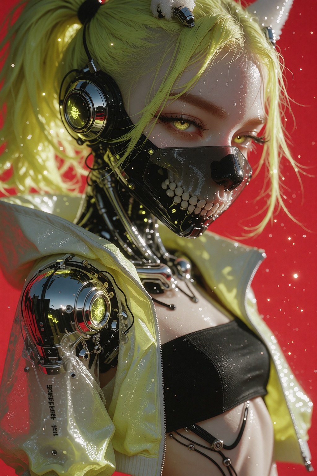 Ivystyle,  A striking close-up portrait of a futuristic cyberpunk girl with long neon yellow hair tied in a high ponytail,...