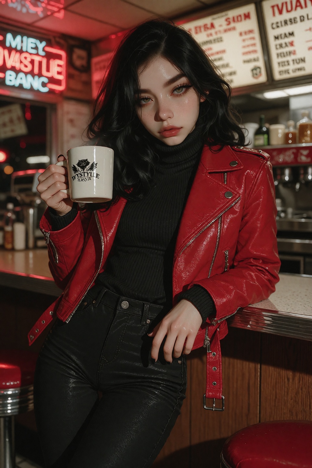 Ivystyle,  Three-quarter length shot,  a young woman with fair skin and long wavy black hair leaning against a counter ins...