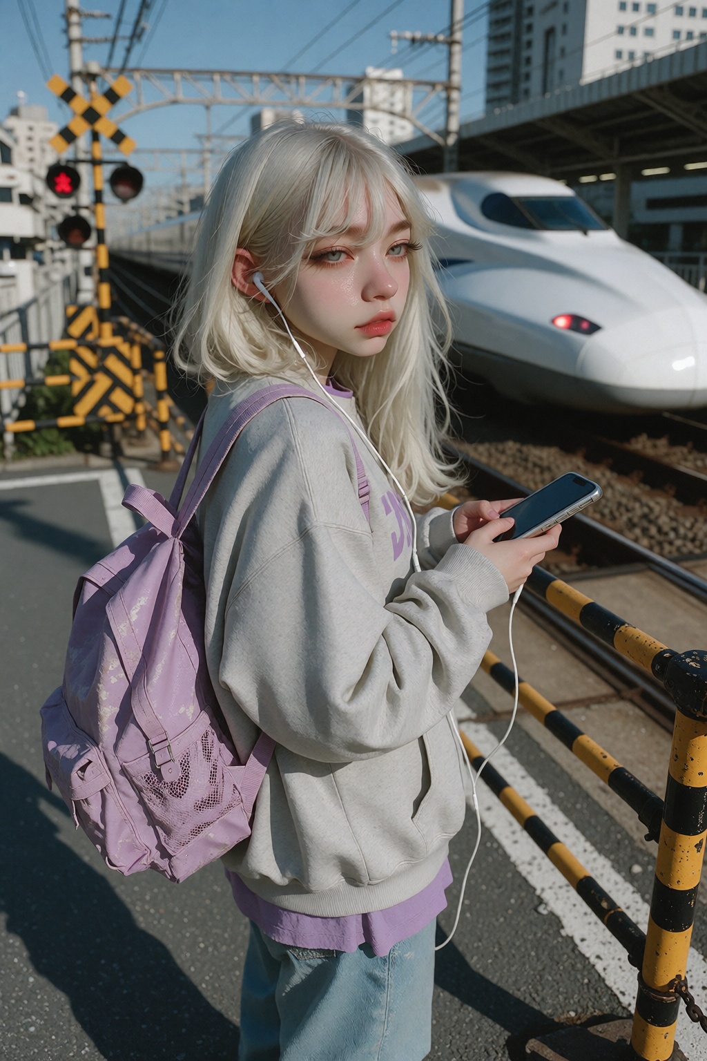 Ivystyle,  Ivysketch Style. A 20 years old young woman standing near a railway crossing in an urban setting. She has long...