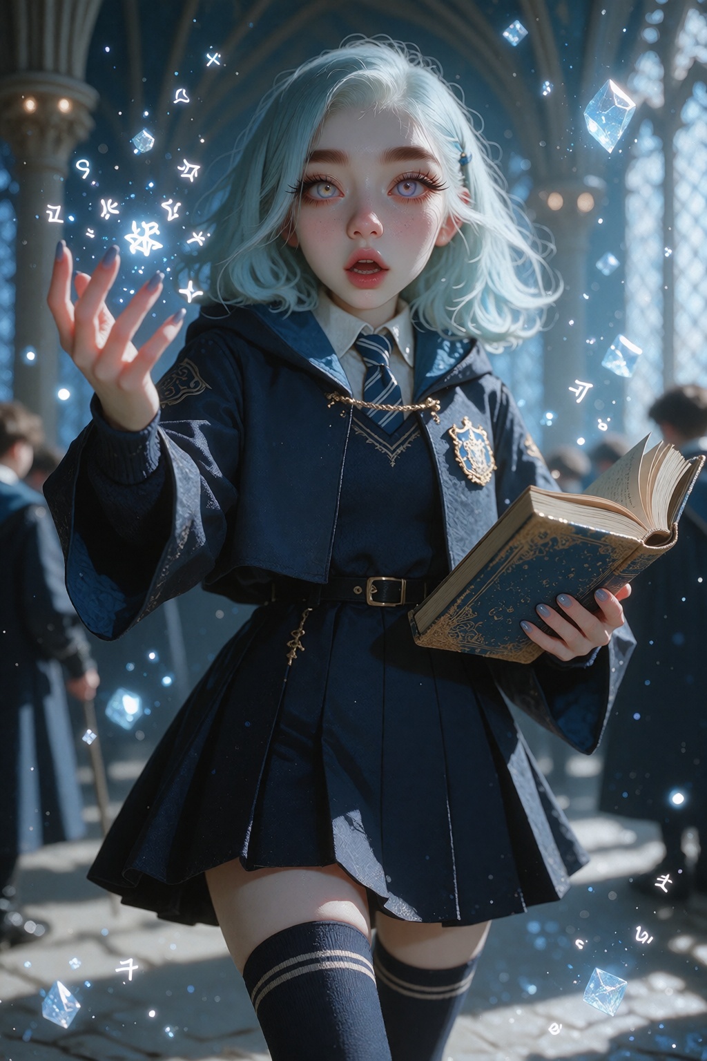 Ivystyle,  realistic lighting,  Full-body view of a young fantasy student with long pale blue hair and heterochromia on Te...