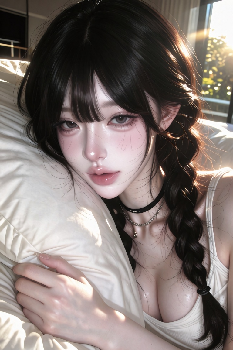 A close-up selfie portrait of a beautiful young Asian woman resting her face on a fluffy white pillow. She has dark brown...