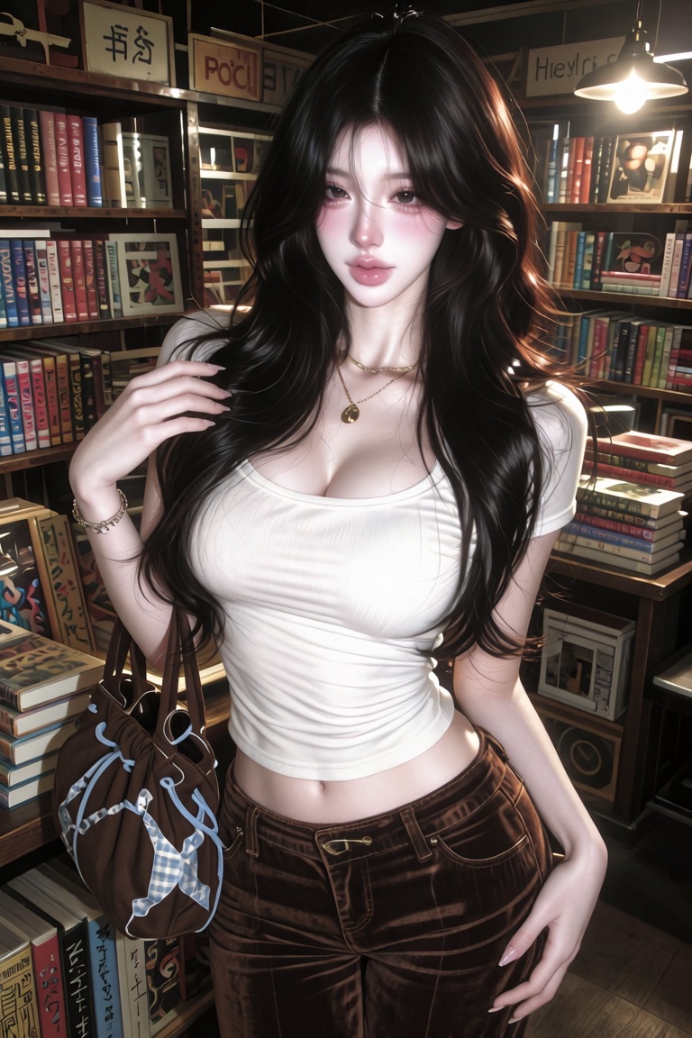 A hyper-realistic photo of a young Asian woman with long wavy dark brown hair,  wearing a fitted white t-shirt and brown v...