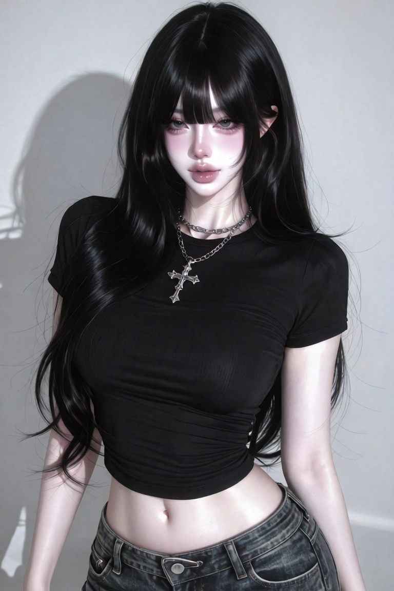 A hyper-realistic studio portrait of a young Asian woman with long straight black hair and blunt bangs. She is wearing a t...
