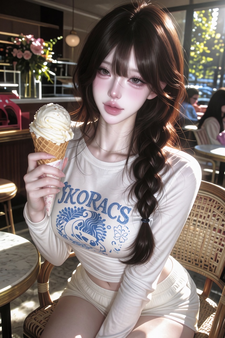 A hyper-realistic portrait of a beautiful young Asian woman with long brown hair in a loose side braid,  holding a vanilla...