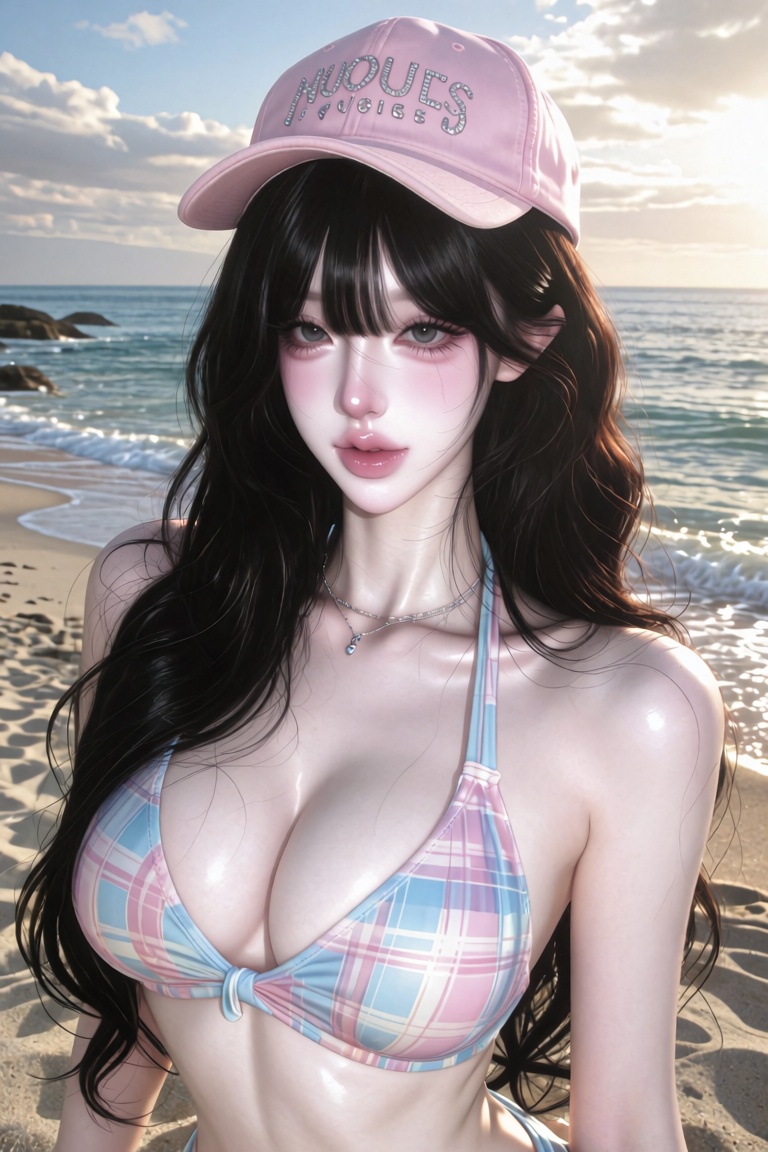 A hyper-realistic portrait of a beautiful young Asian woman standing on a sandy beach. She has long wavy dark hair with bl...