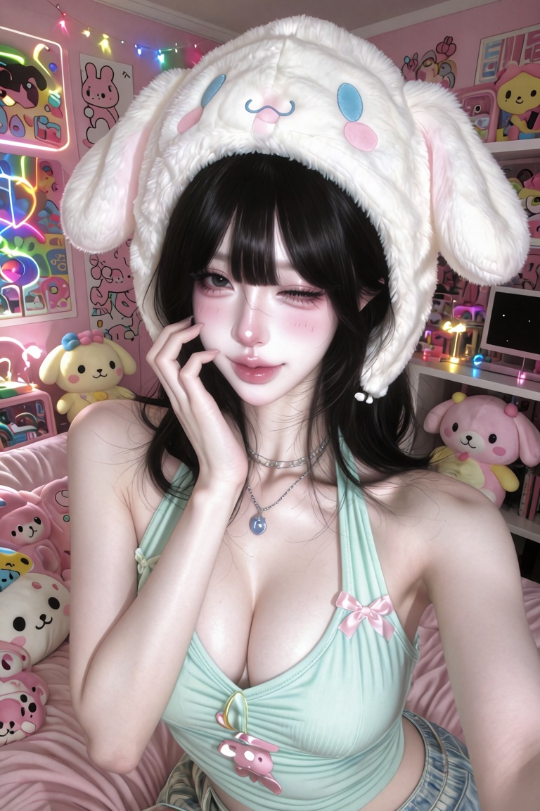 A cute selfie of a young Asian woman with dark hair and straight bangs,  (((large breasts))),  wearing a fluffy white char...