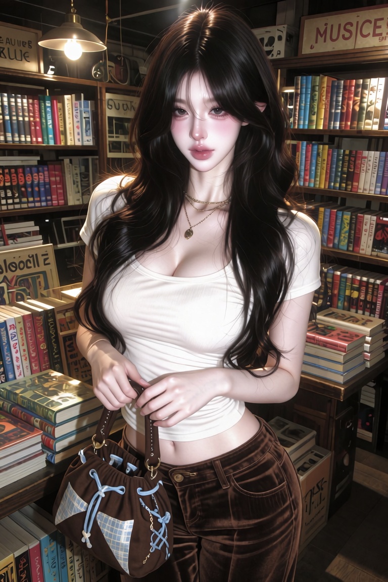 A hyper-realistic photo of a young Asian woman with long wavy dark brown hair,  wearing a fitted white t-shirt and brown v...