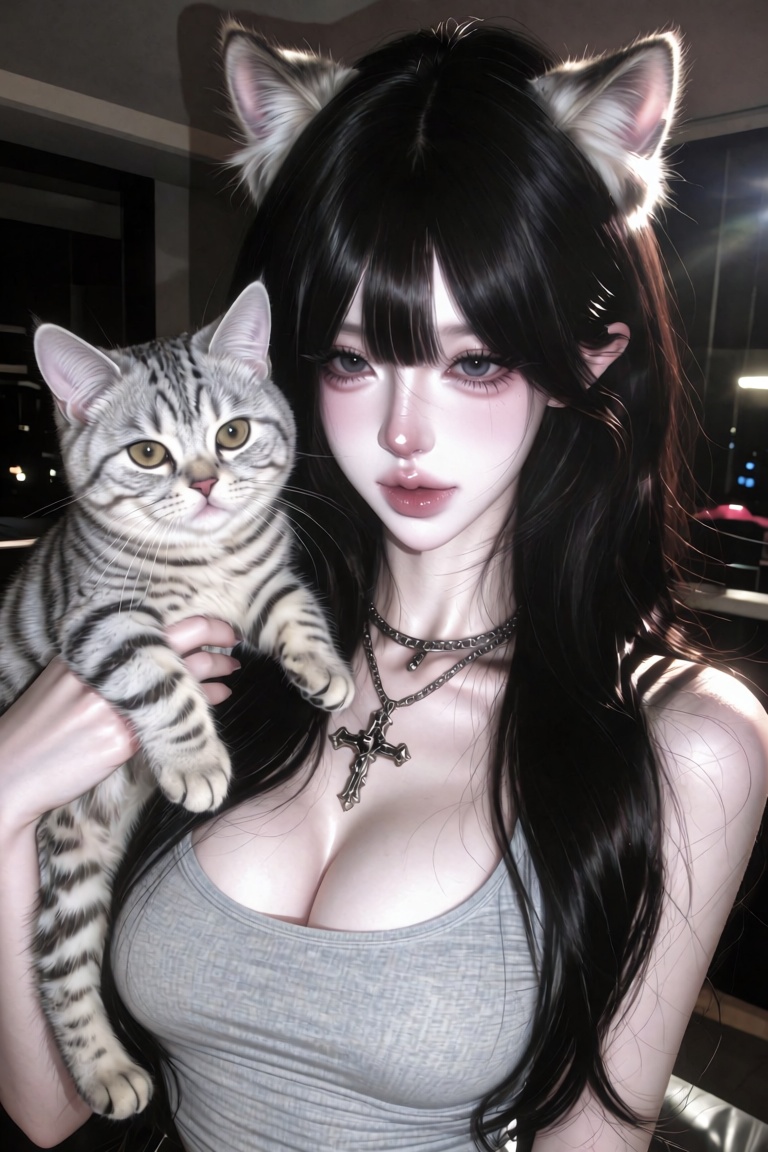 A close-up portrait of a gorgeous young Asian woman with long black hair and realistic cat ears blending into her hair,  h...