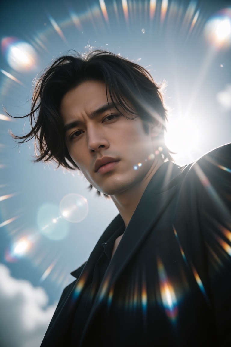 A cinematic,  low-angle shot looking up at a handsome young Asian man with dark,  windswept medium-length hair. He is gazi...
