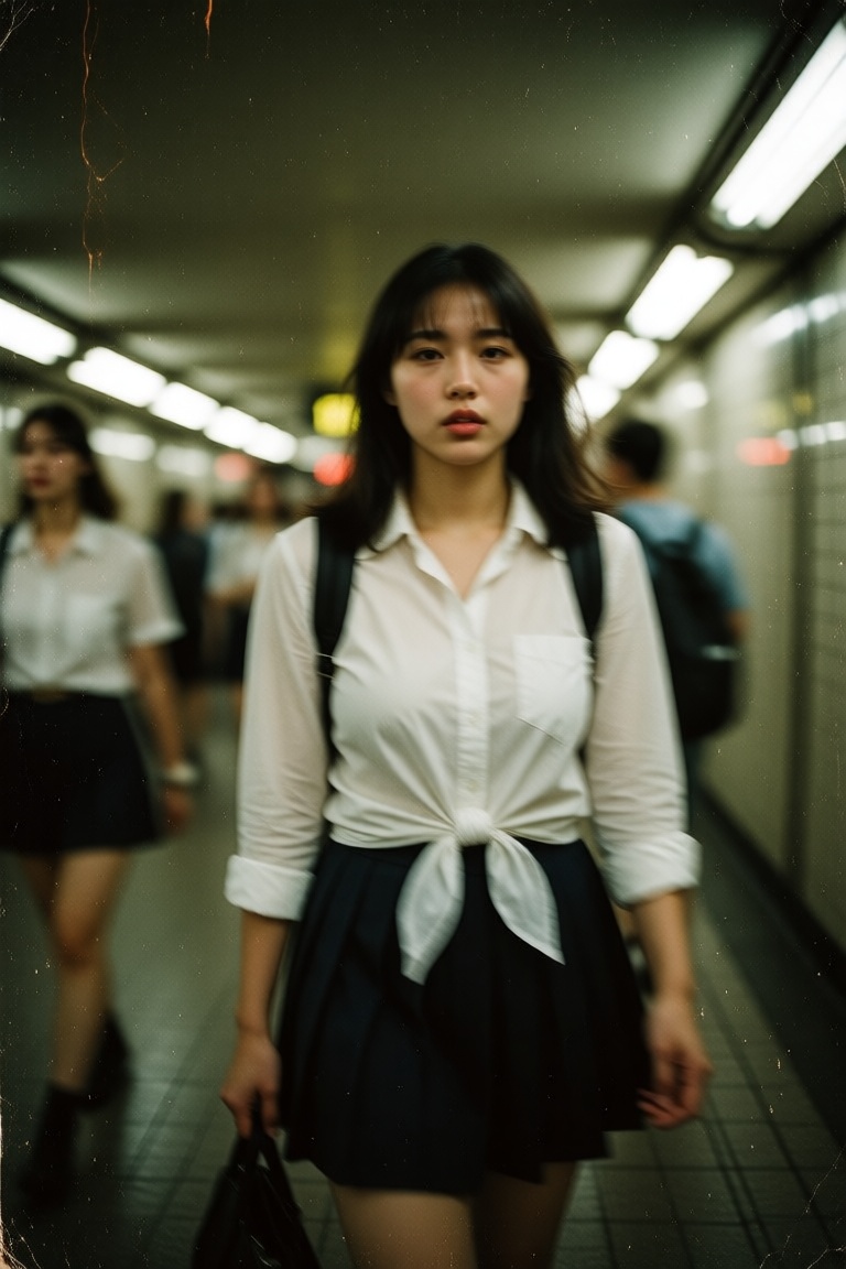 A gritty,  vintage film photograph of a young Asian woman with dark hair in a white button-up shirt tied at the waist and...