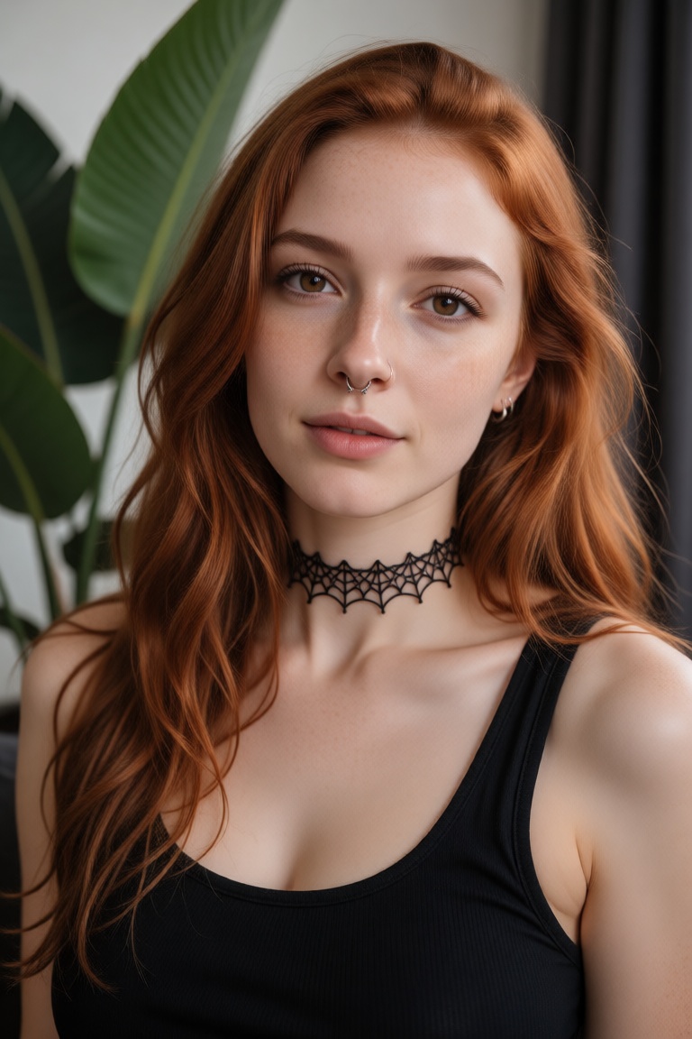 A photorealistic close-up portrait of a beautiful young woman with long,  wavy copper-red hair and light freckles across h...