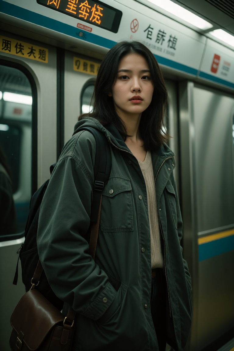 A cinematic,  medium shot of a young Asian woman with shoulder-length dark hair standing in front of a subway train door....