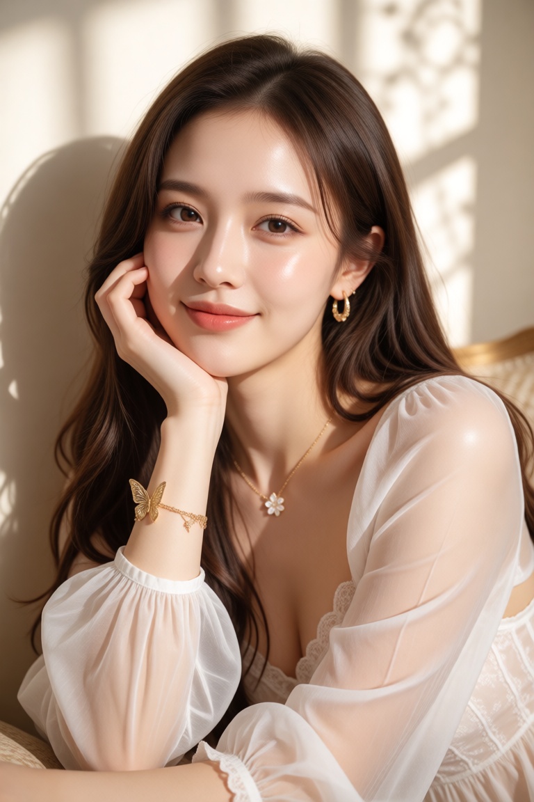 A bright,  dreamy portrait of a beautiful young woman with long,  wavy brown hair. She is resting her chin gently on her h...