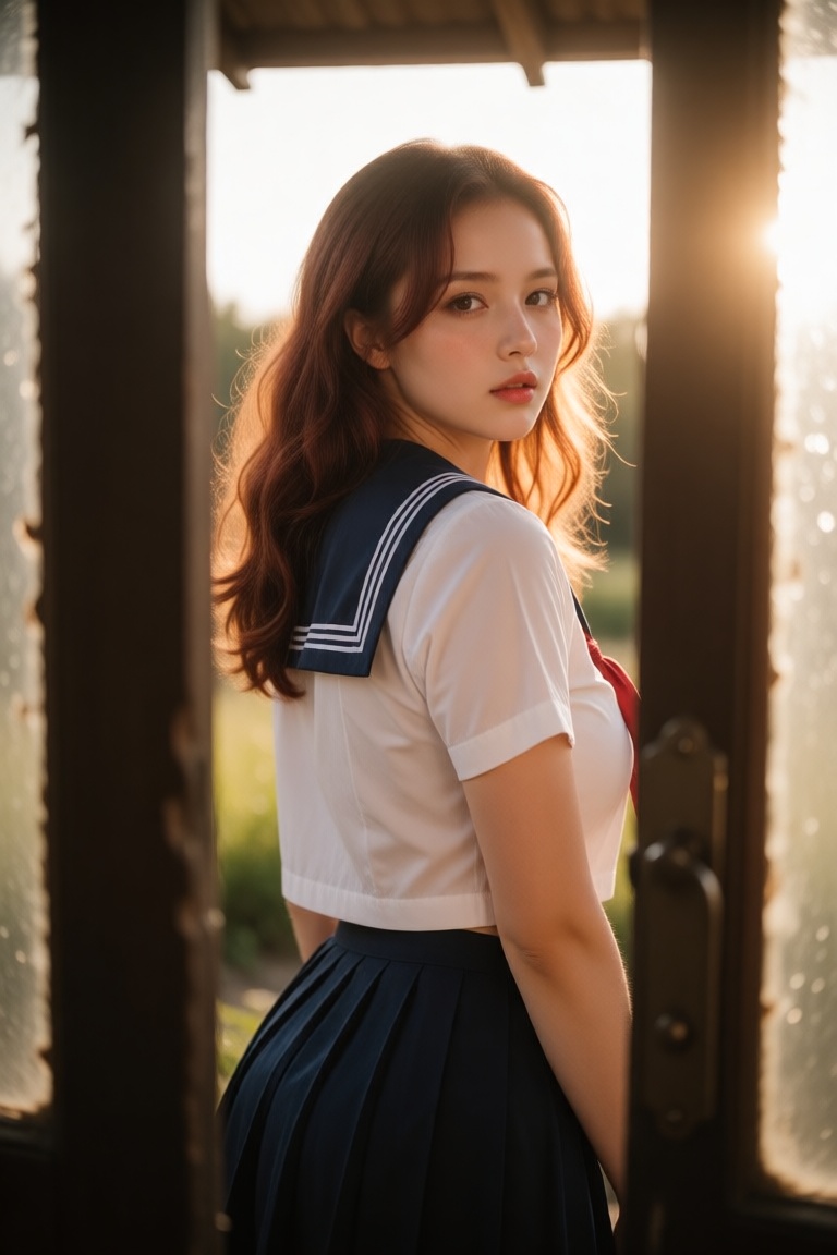 A nostalgic,  vintage film-style portrait of a young woman with wavy,  reddish-brown hair looking back over her shoulder a...