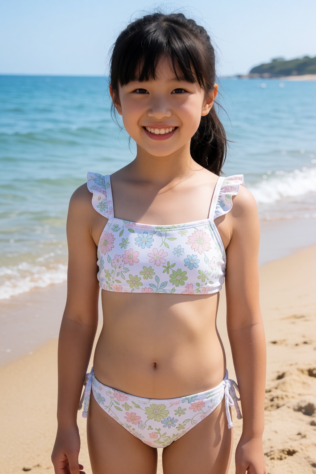 A girl with dark hair styled in a ponytail and bangs stands smiling brightly on a sun-drenched beach. She is wearing a whi...