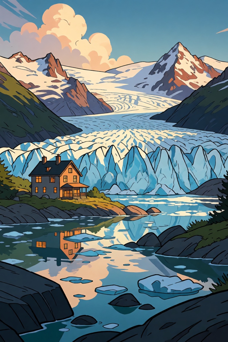 Rtoon,  glacier scene,  house on Tensor.Art