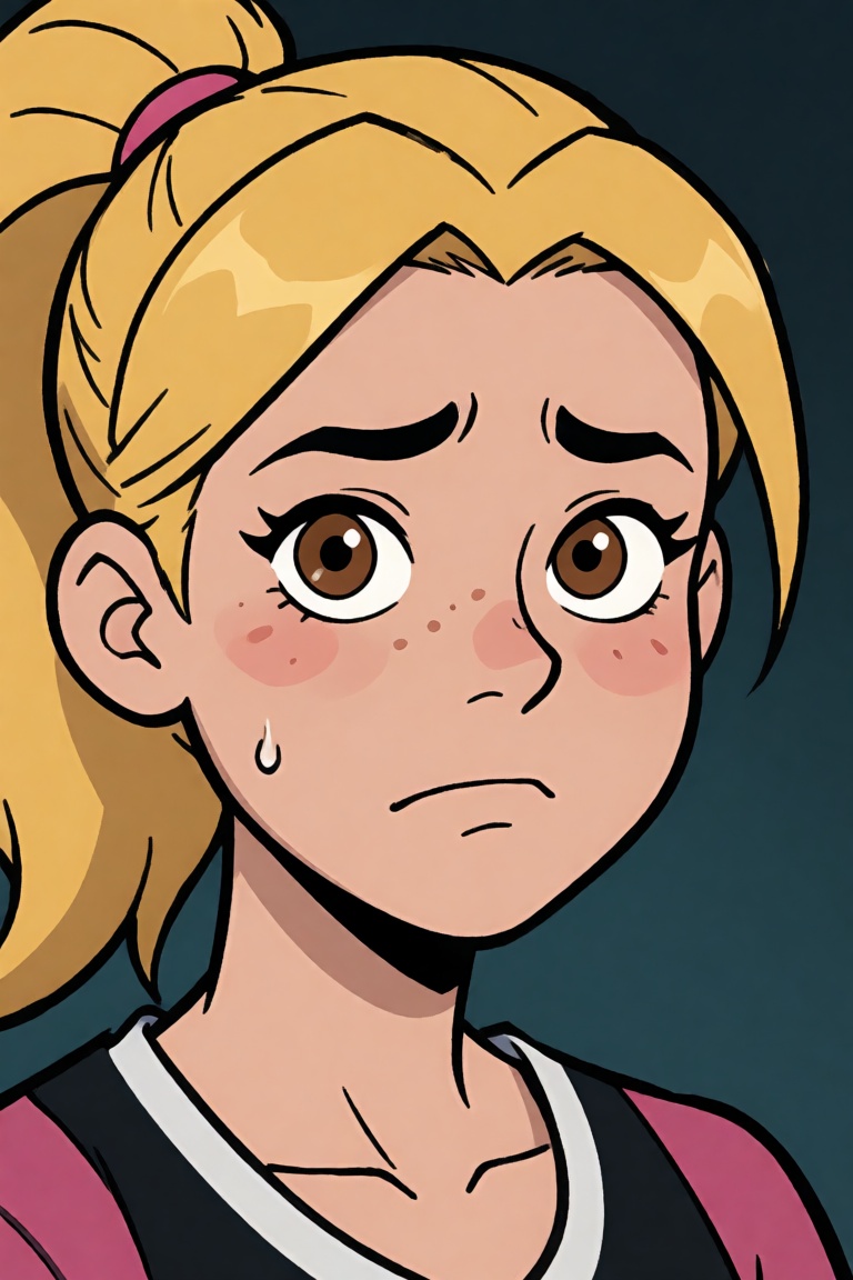 Rtoon,  a 20 years old girl with brown shiny eyes,  blonde hair in a ponytail on Tensor.Art